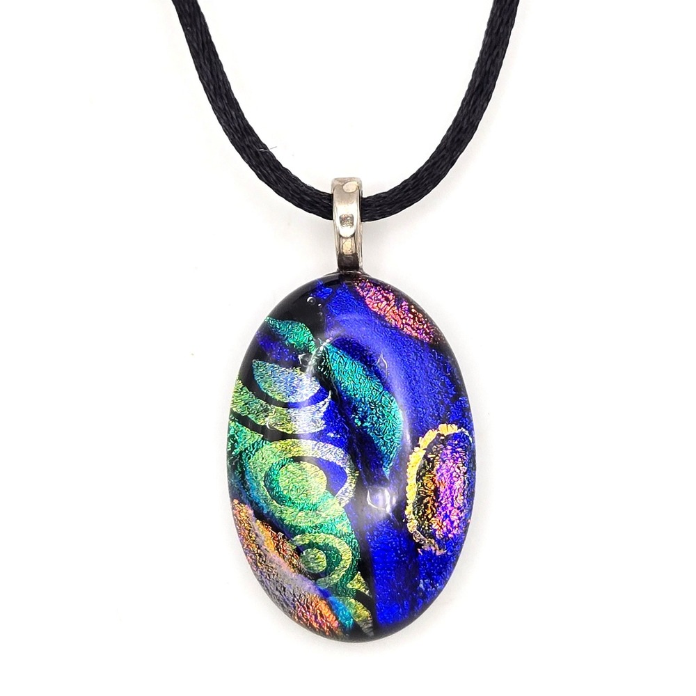 Dichroic Glass Colorful Oval Pendant Necklace Blue Green Gold Black 18 Inch Cord